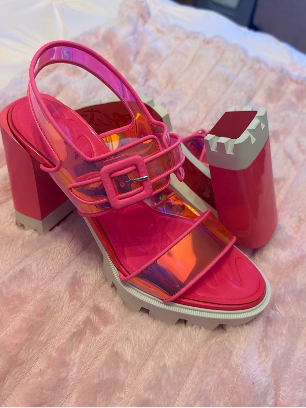 Christian Louboutin Hot Pink Iridescent Strap Block Heels